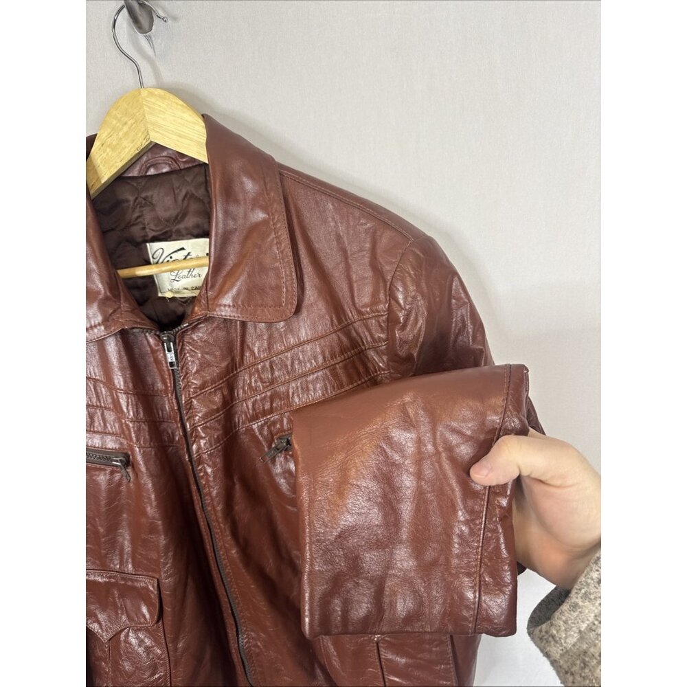 Victoria Leather Vintage Cafe Racer Jacket‎ Men 46 Brown Canada Quilted 70s - Picture 2 of 8